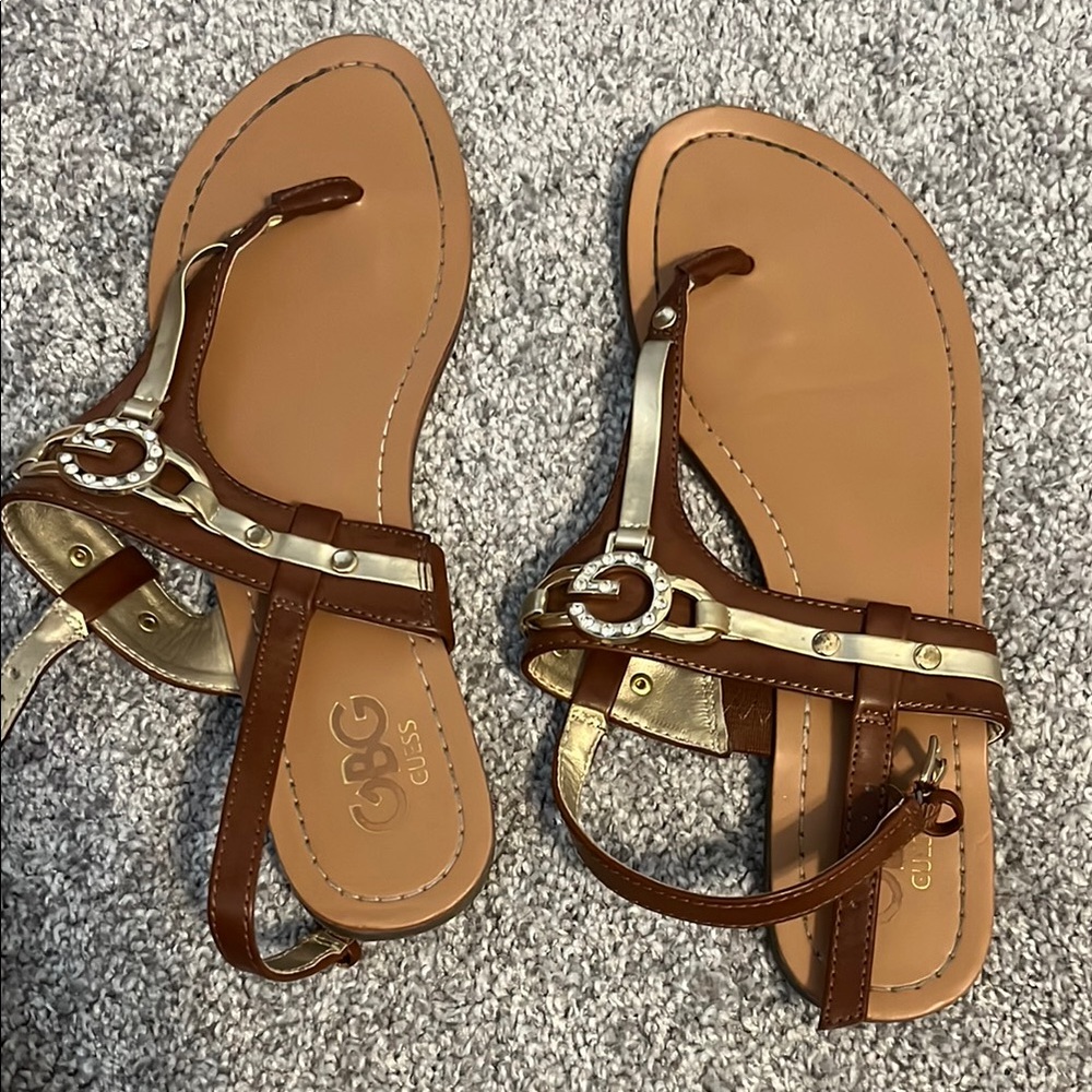 GBG Los Angeles Brown and Gold Sandals with Crisscross Straps